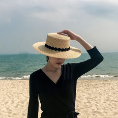 Flat Top Straw Sun Hat Wide Brim UV Protection Beach Hat Sunscreen