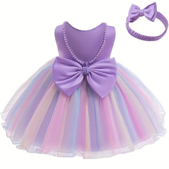 Adorable Toddler Gala Dress with Big Bow and Colorful Mesh Back