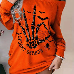 Halloween Skull Hand Print Off Shoulder Dress