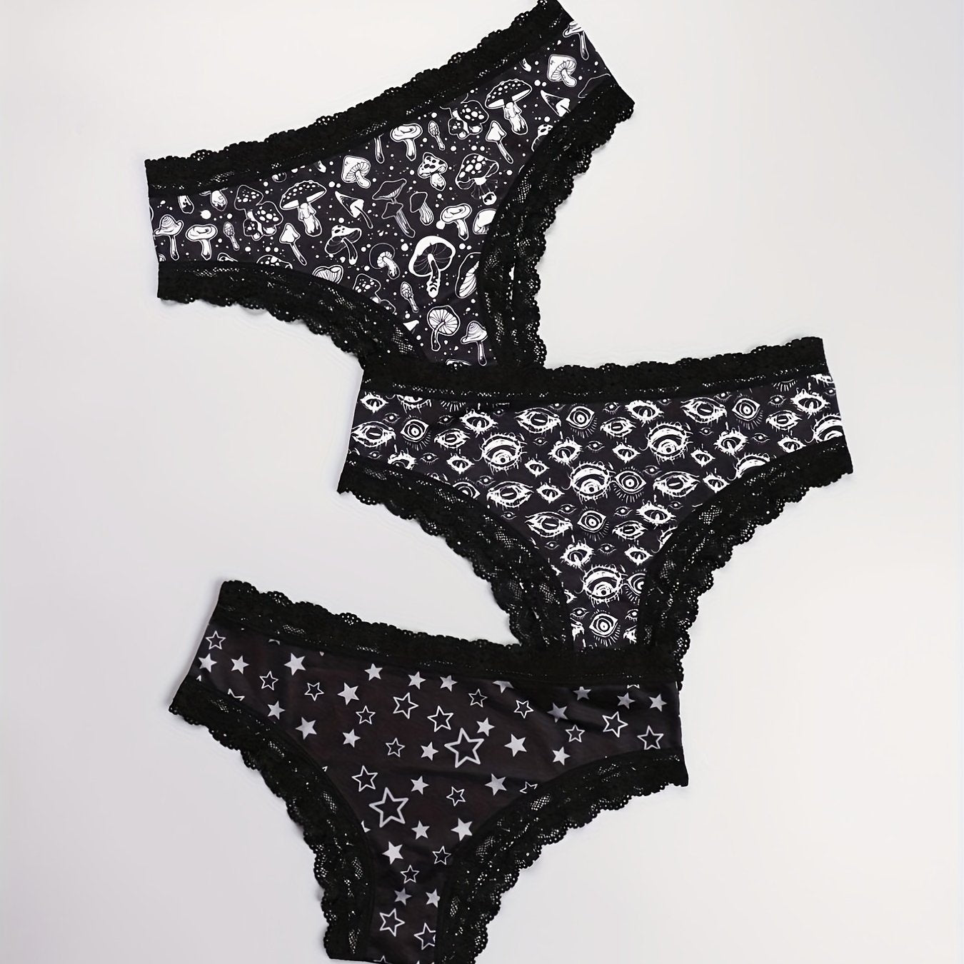 3pcs Mushroom & Star Print Hipster Panties Comfy Lace Trim