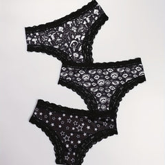 3pcs Mushroom & Star Print Hipster Panties Comfy Lace Trim