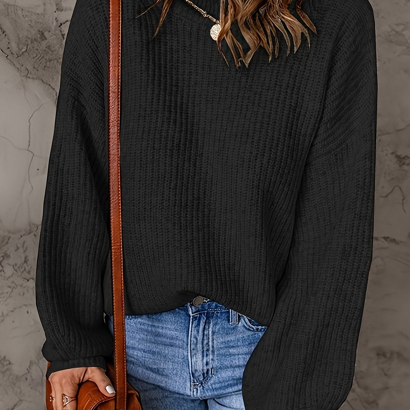 Casual Sweater Women's Plus Solid Lantern Sleeve Round Neck Jumper