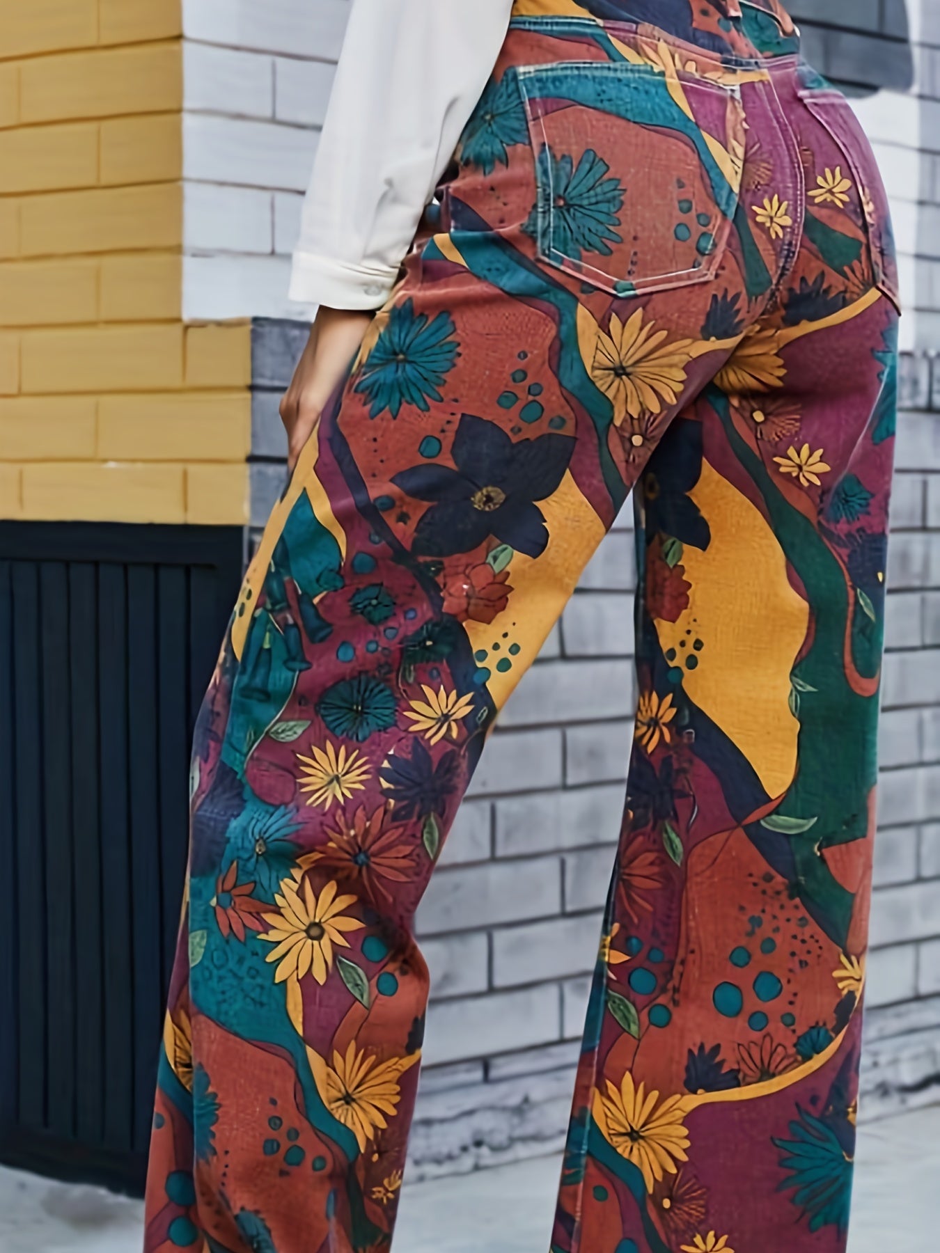 Vintage Block Denim Pants High Rise Loose Wide Leg Jeans