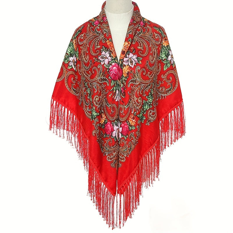 Boho Flower Print Tassel Scarf Vintage Wrap Shawl