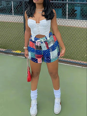 Paisley Patchwork Shorts Drawstring Elastic Waist Patchwork Summer