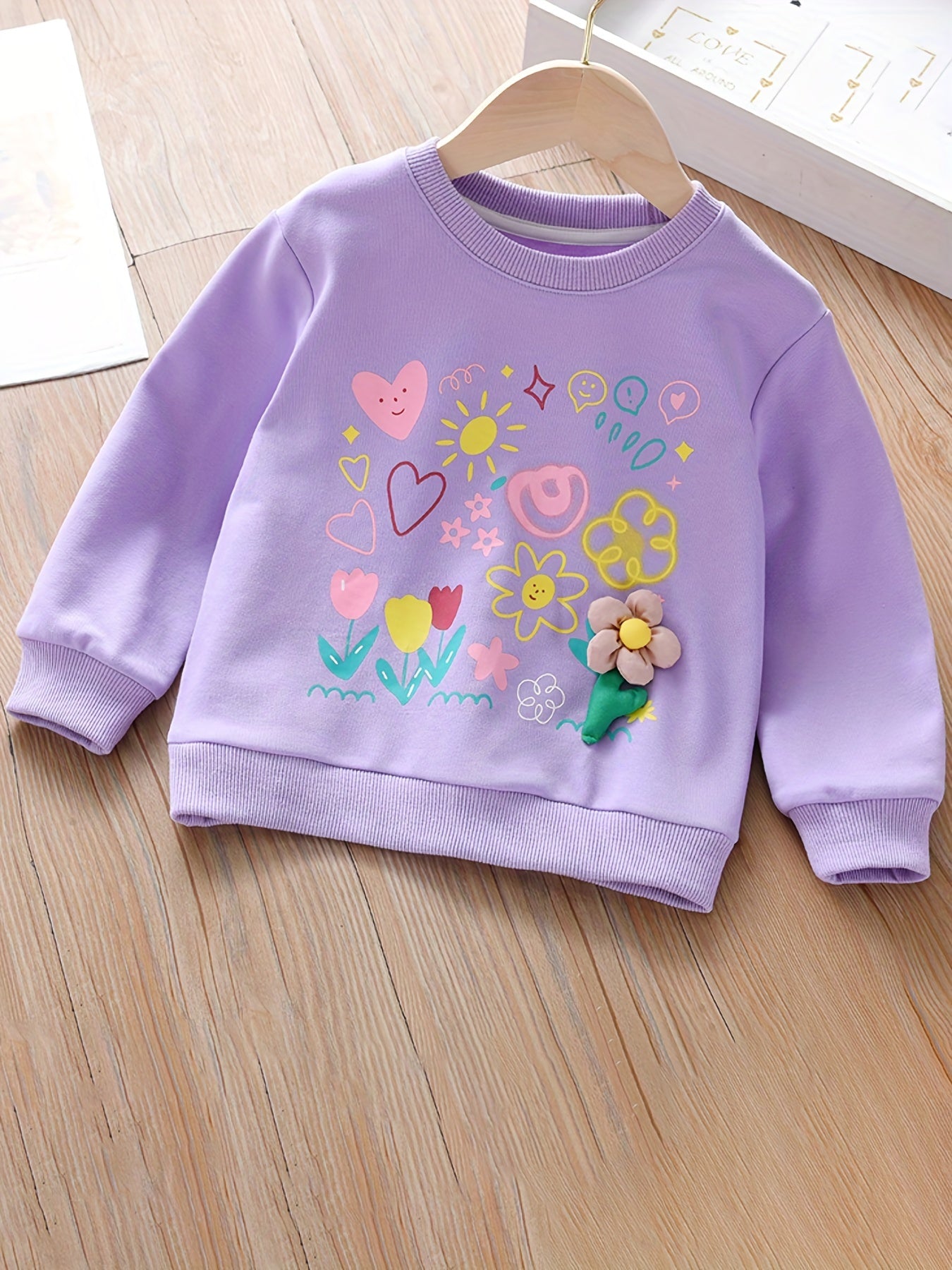 Girls' Cartoon Flower Sweatshirt Top Crew Neck Pullovers