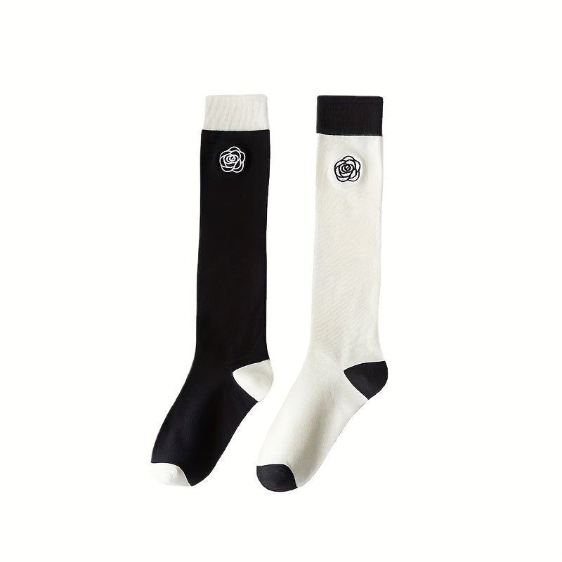 Floral Print Colorblock Knee High Socks Women's Stockings
