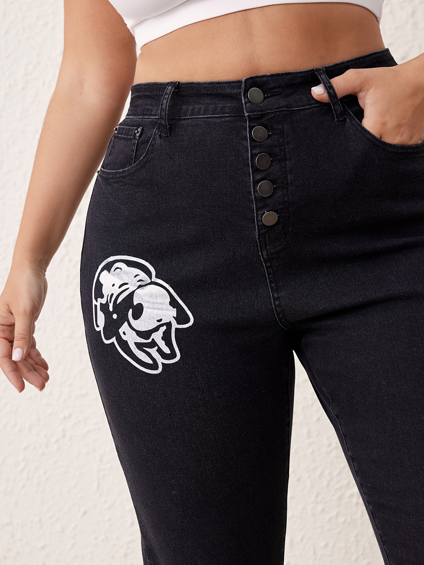 High Rise Skinny Jeans with Skull Rabbit Print