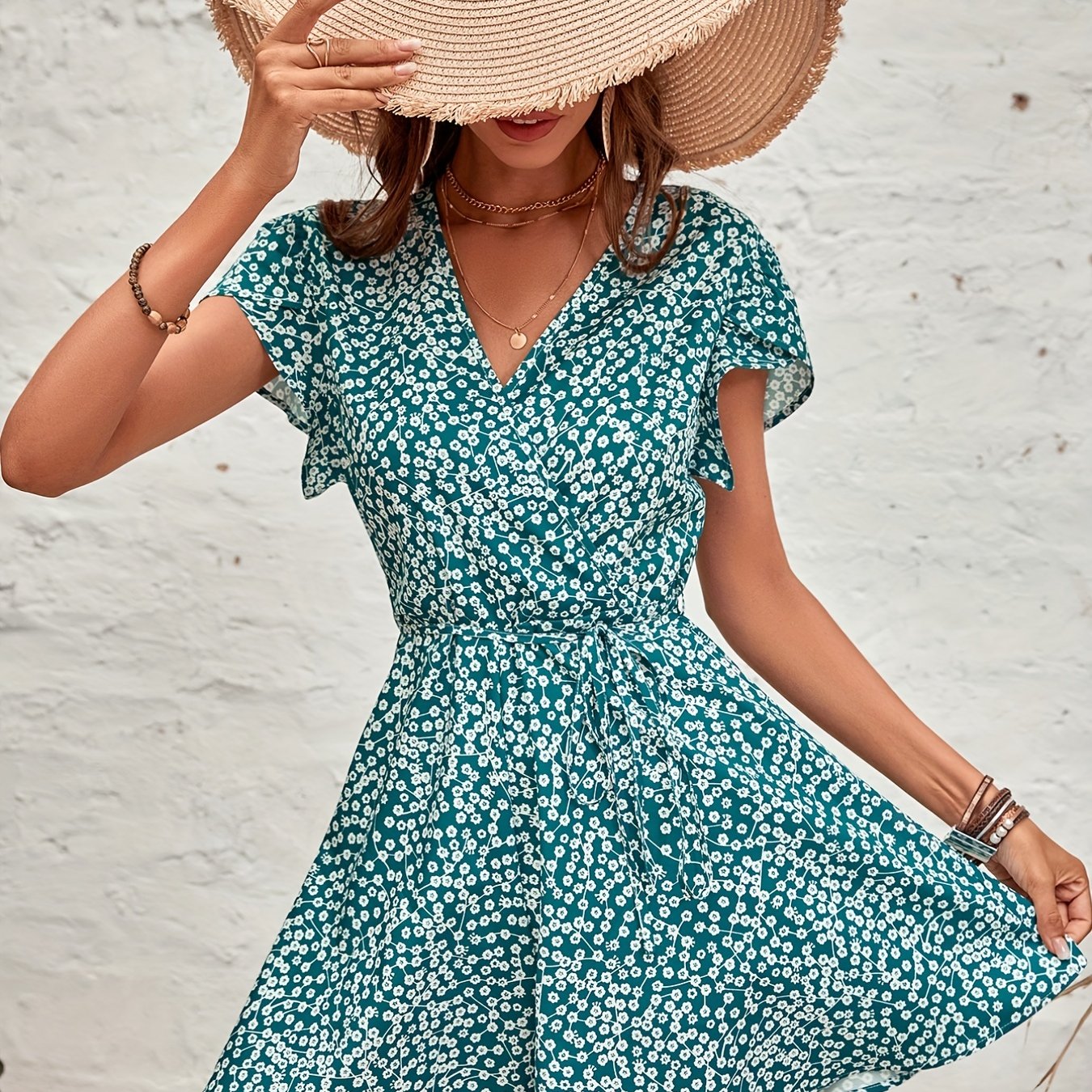 Floral Print Romper Jumpsuit Petal Sleeve Romper