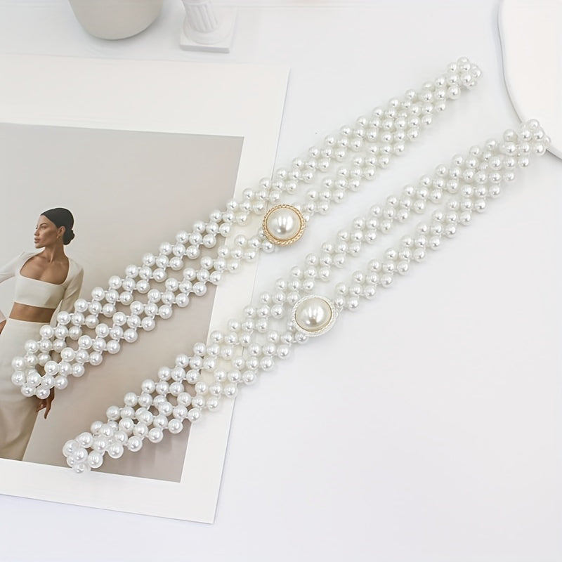 Faux Pearl Chain Elastic Belt Round Pearl Buckle Dress Belt Women