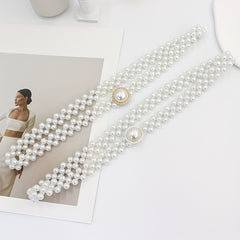 Faux Pearl Chain Elastic Belt Round Pearl Buckle Dress Belt Women
