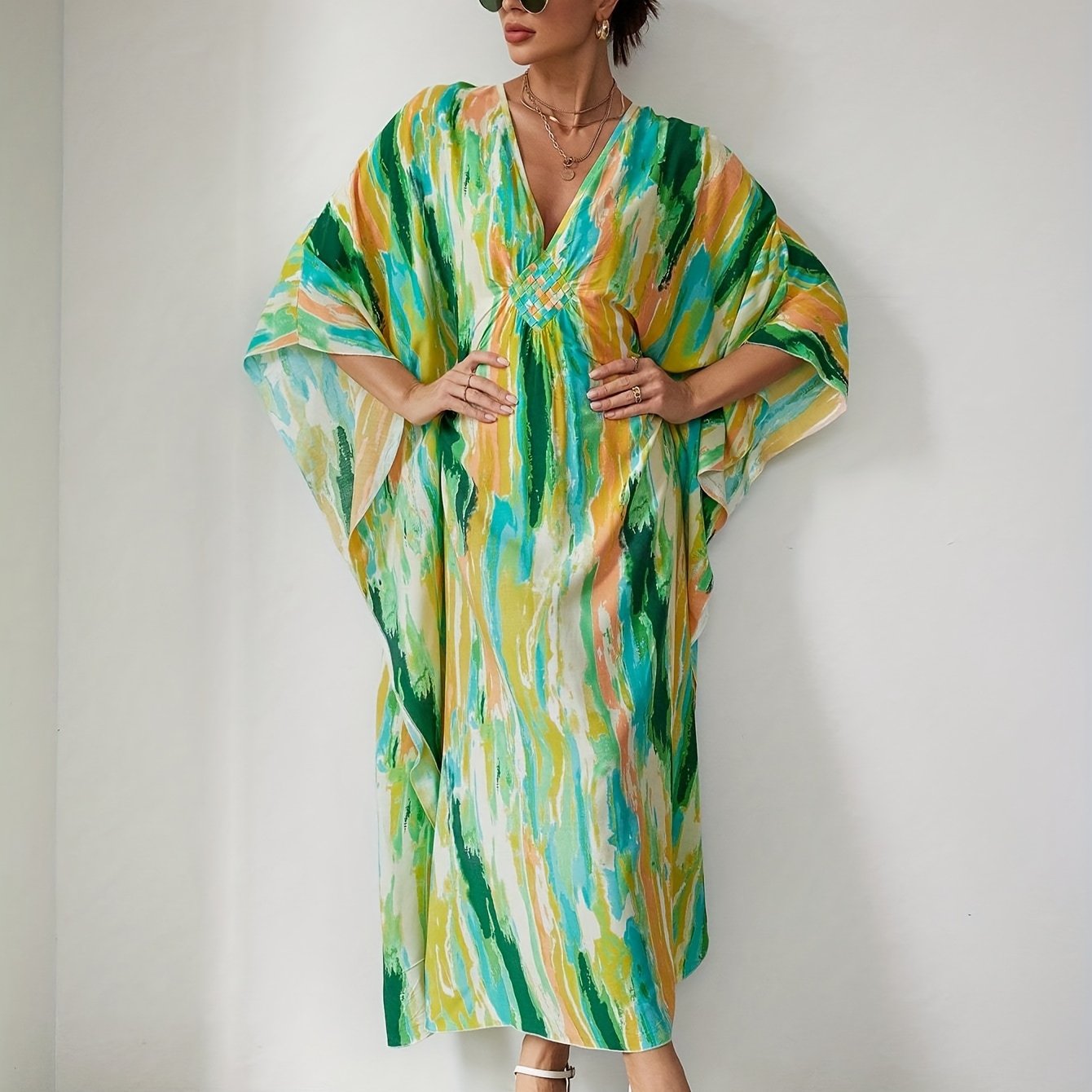 Boho Tie Dye Beach Cover Up Batwing Sleeves V Neck Split Loose Fit