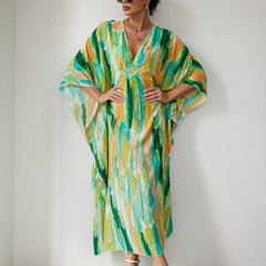 Boho Tie Dye Beach Cover Up Batwing Sleeves V Neck Split Loose Fit