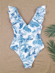 Ruffle Leaf Print One Piece Swimsuit High Cut Bathing Suit