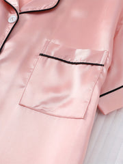 Solid Satin Pajamas Set Short Sleeve Buttons Top & Bow Shorts