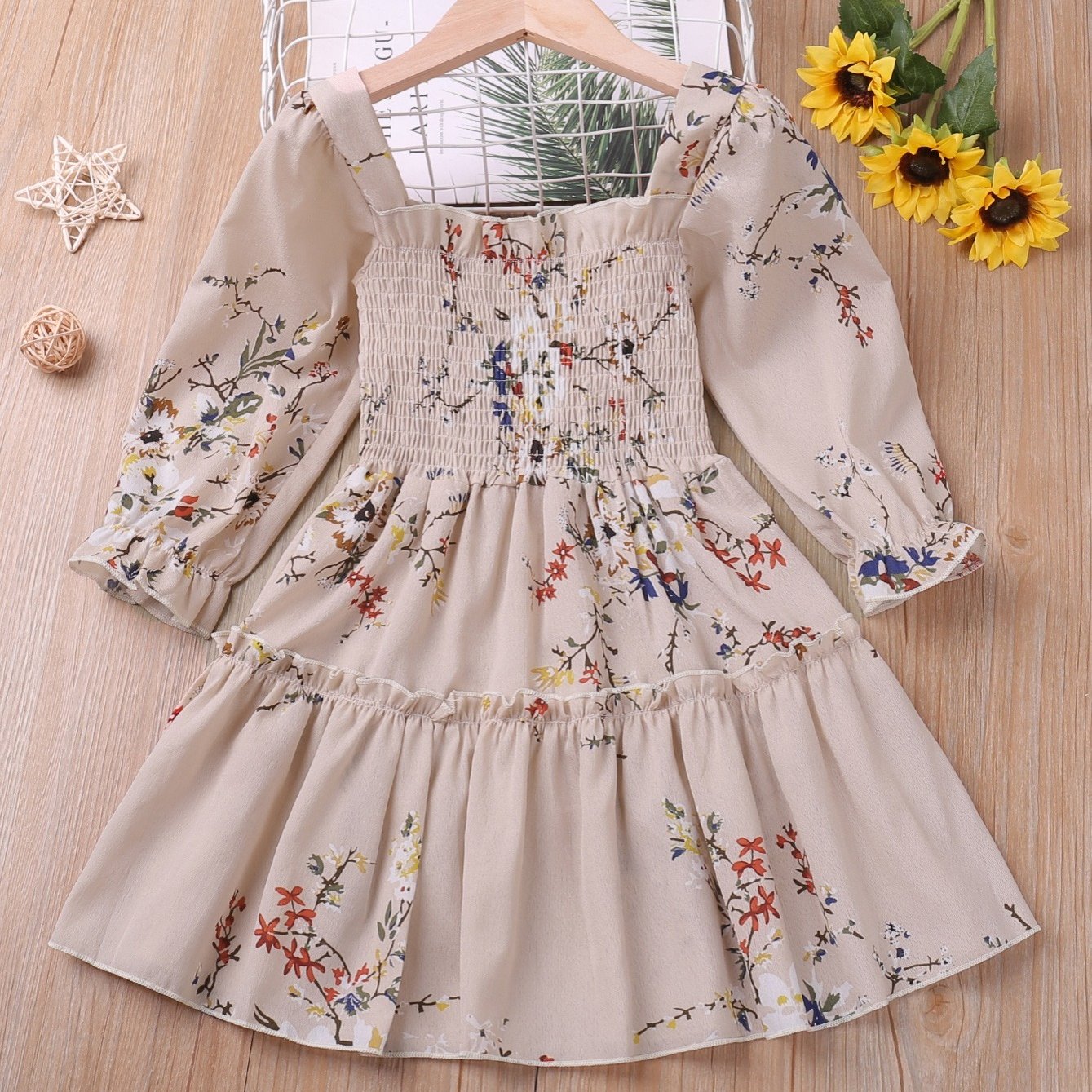 Girls' Shirred Flowers Long Sleeve Dress Kids Party Holiday Summer