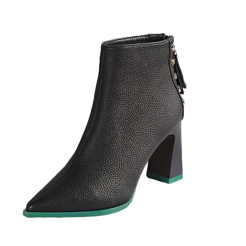 Chunky Heel Ankle Boots Zip Pointed Toe High Short Boots
