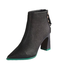 Chunky Heel Ankle Boots Zip Pointed Toe High Short Boots