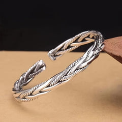 Vintage Silver Braided C-shaped Opening Bracelet, Adjustable
