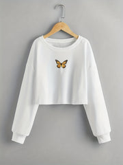 Butterfly Graphic Girl's Sweatshirt Long Sleeve Round Neck Crop Tops Pullover
