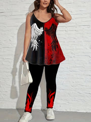 Goth Outfits 2PC Set Wings Print V-Neck Cami Top & Leggings