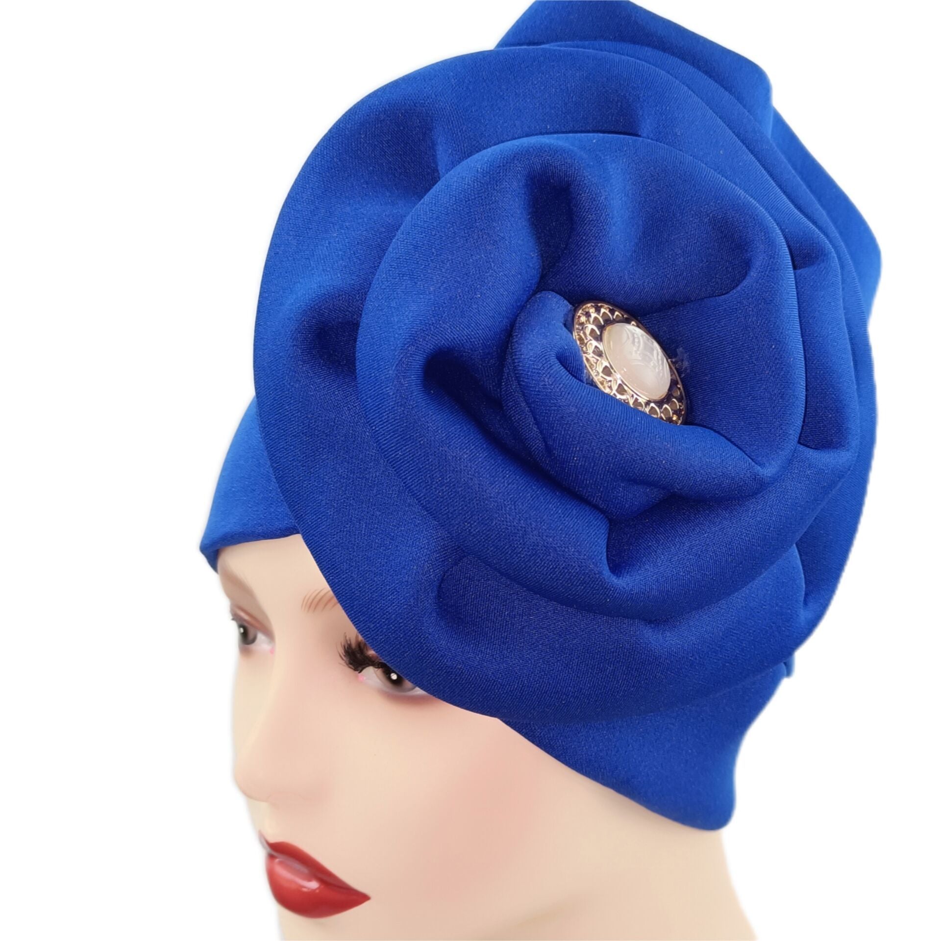Faux Jade Alloy Turban Cap Flower Layer Wrinkled Hijab Hair Accessories