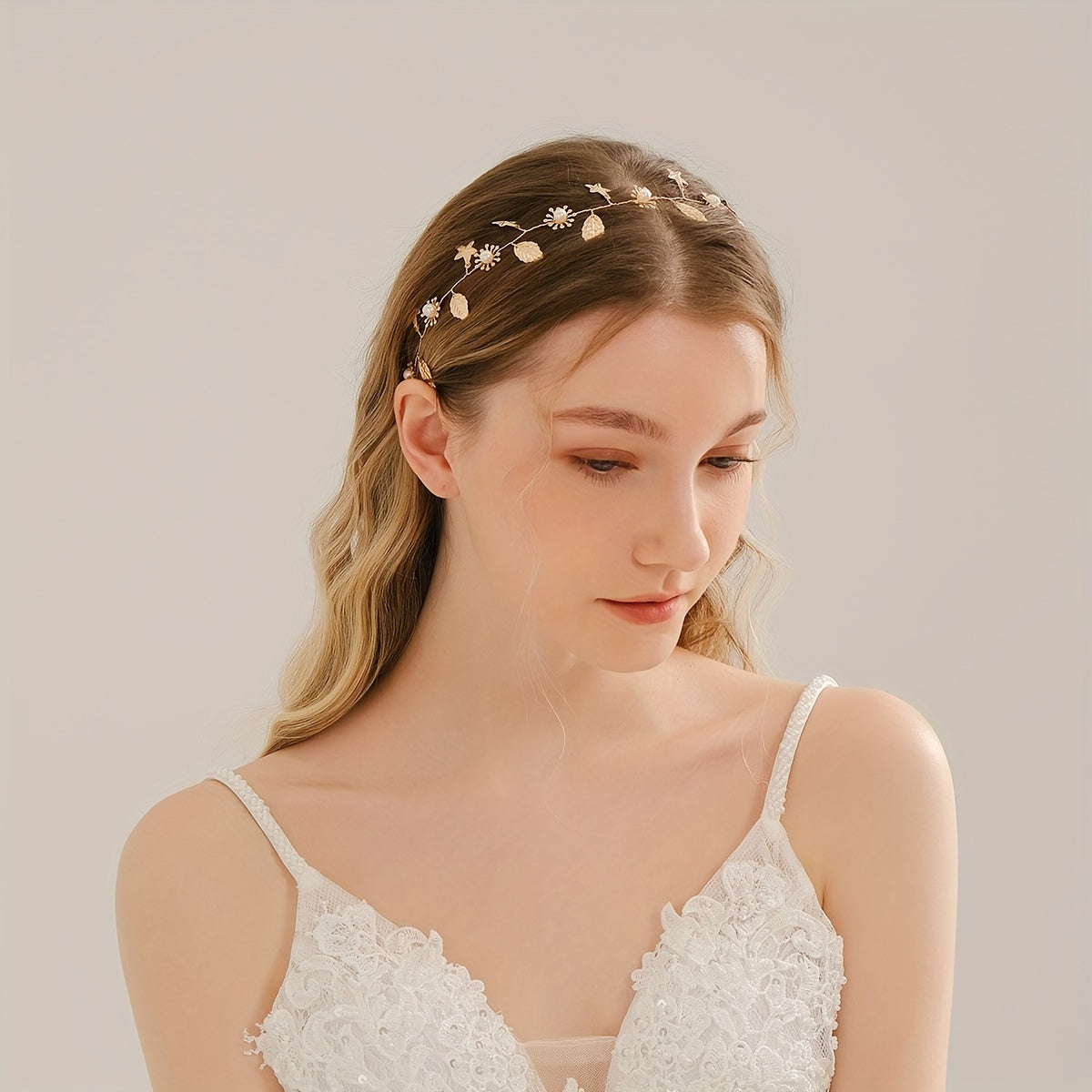 Alloy Starfish Leaf Headband Faux Pearl Bridal Hair Jewelry