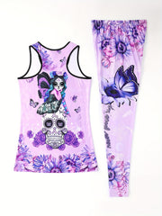 Floral & Skull Print Two piece Set Tank Top & Skinny Pants