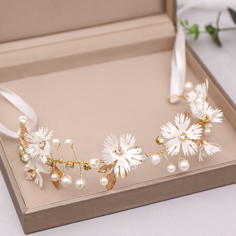 Faux Pearl Flower Leaf Headband Hairband Tiara for Bridal Wedding