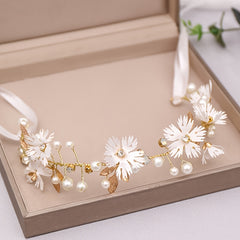 Faux Pearl Flower Leaf Headband Hairband Tiara for Bridal Wedding