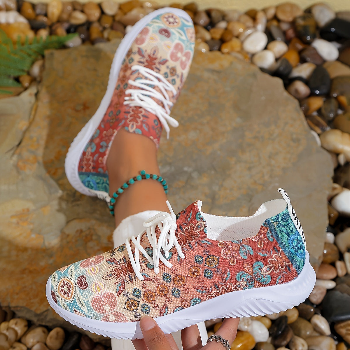 Ethnic Print Mesh Breathable Lightweight Running Shoes