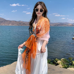 Leaf Print Scarf Orange Gauze Shawl Large Wrap