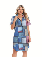 Women's Plus Denim Print Zipper Short Sleeve Turn Down Collar Dress