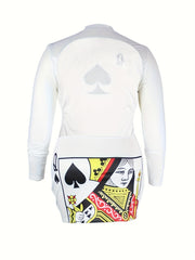Women's Plus Poker Spade Q Print Long Sleeve Mock Neck Backless Mini Dress