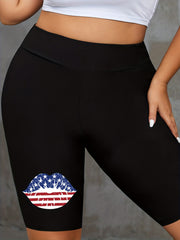 Women's Plus Graphic & Letter Print High Rise Skinny Fitness Shorts