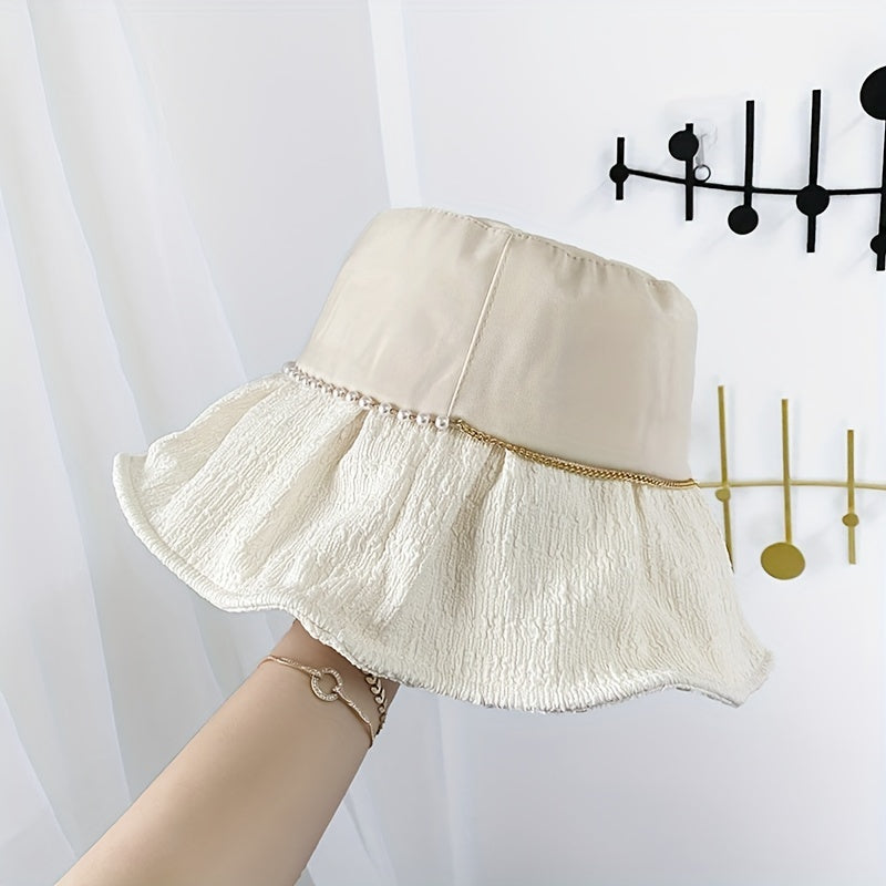 Bucket Hat Faux Pearl Chain Decor Casual Sunscreen Travel Beach Hats