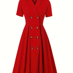 Retro Dress Women's Plus Solid Double Breast Button Short Sleeve