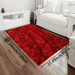 Red Rose Print Rug Romantic Decorative Floor Mat Machine Washable Carpet