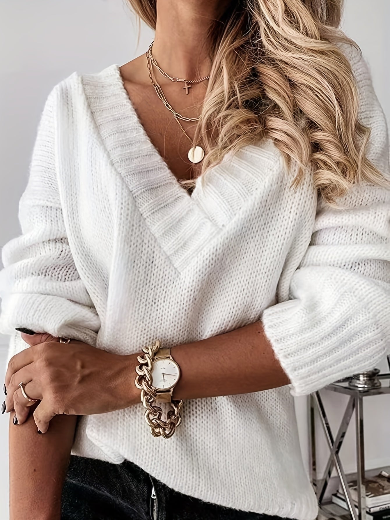 Solid Knit Sweater V Neck Long Sleeve Casual