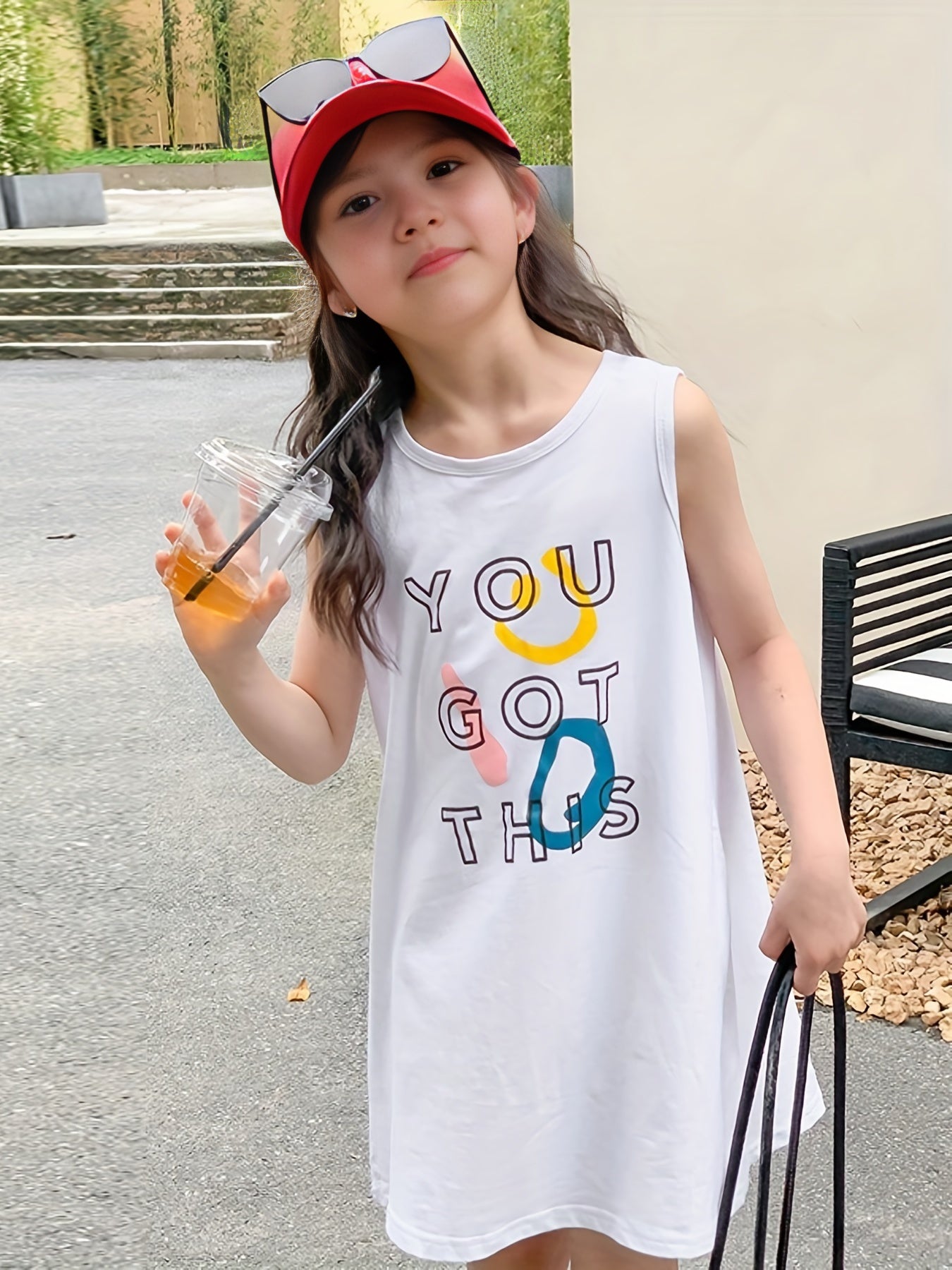 Girls Cartoon Print Cotton Dress Sleeveless Crew Neck for Summer