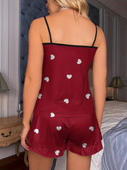 Heart Print Pajama Set Crew Neck Cami Top & Ruffle Shorts Women's Sleepwear