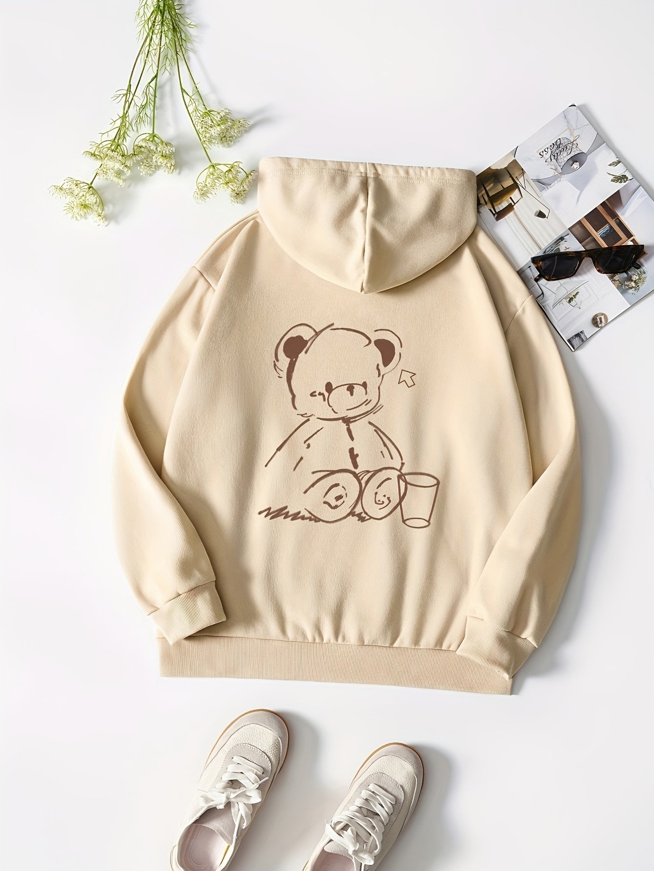 Casual Long Sleeve Bear Graphic Hoodie Women's Tops