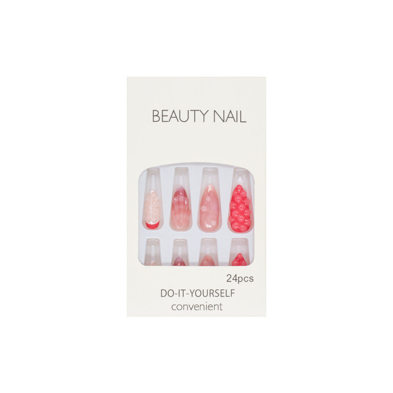 24pcs Water Splashing Cherry False Nails w/ Shell Patterned Stickers