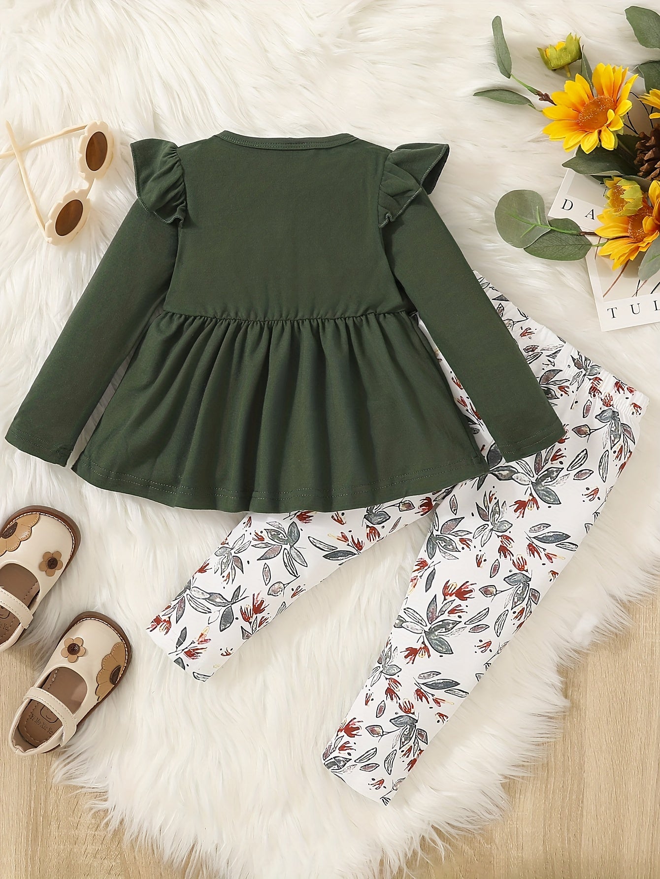Baby Girl Winter Outfit Flutter Sleeve Splicing Bowknot Skirt Top & Pants Set