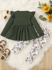 Baby Girl Winter Outfit Flutter Sleeve Splicing Bowknot Skirt Top & Pants Set