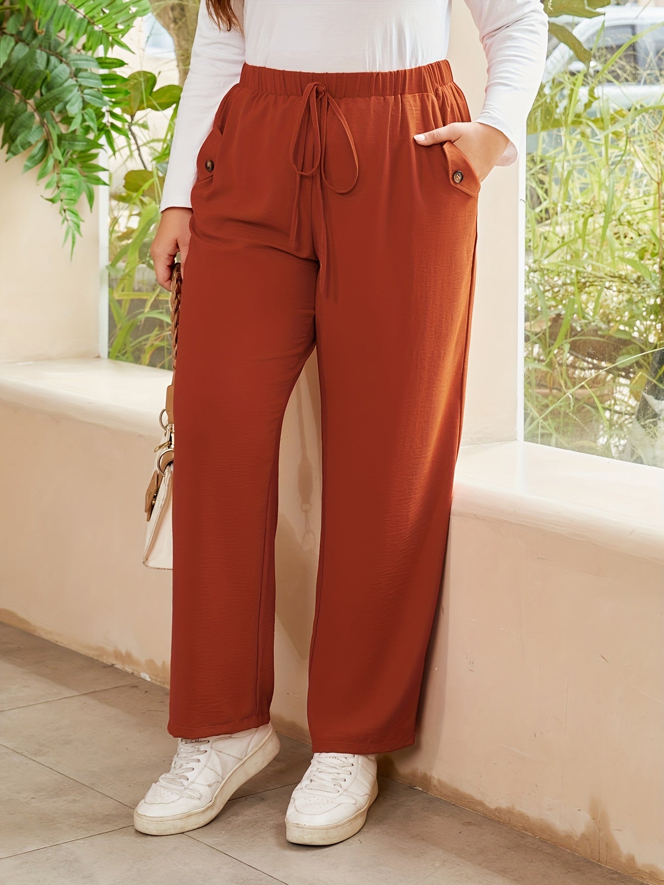 Pants Women's Plus Solid Elastic Drawstring High Rise Straight Leg