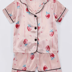 Girls 2 Piece Pajamas Strawberry Graphics Button Down Shirt & Shorts