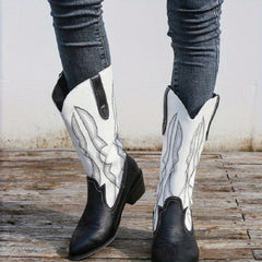 Women's Ethnic Style Embroidery Mid Calf Boots Chunky Heel Slip On Shoes