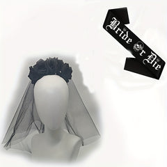 Bride Rose Wreath Veil Set - Until Death Headscarf Strap Bridal Party