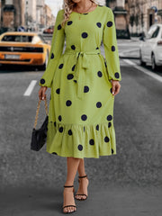 Plus Dot Print Long Sleeve Ruffle Trim Midi Dress
